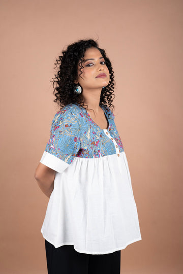 Off-White Handloom Cotton Top with Blue Printed Yoke